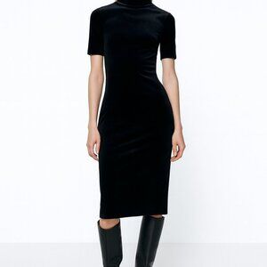 Zara Trafaluc Black Velvet Midi Dress S Mock Neck Minimalist Sleek Fit